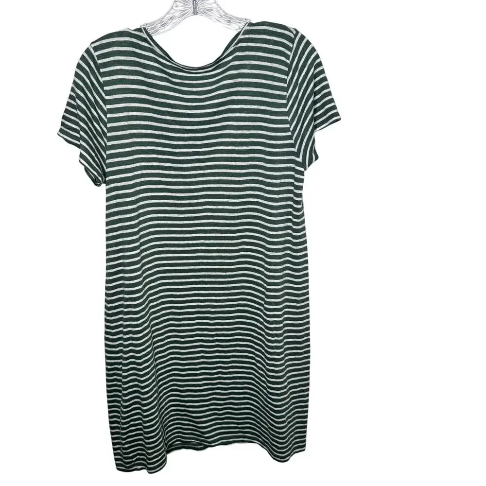 Eileen Fisher Organic Linen Striped T-Shirt Dress‎ Green White Petite Medium